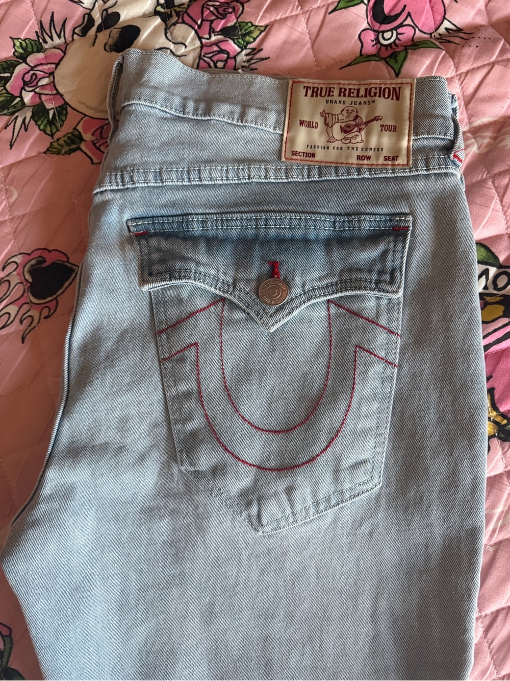 True Religion Light Blue Relaxed Slim Jeans with Red Stitching